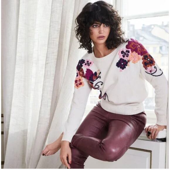 Odd Molly Sweaters - Odd Molly Miss Epic 3D Floral Boho Embroidered Cream Tan Sweater S Grandmacore